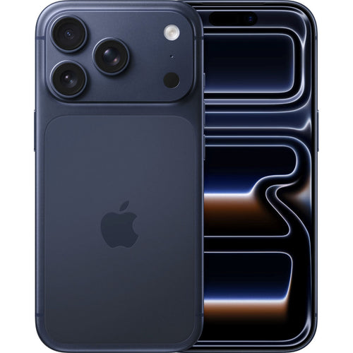 Apple iPhone 17 Pro Max Blauw voor- en achteraanzicht met titanium premium design