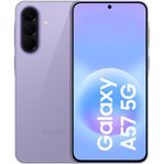 Totaaloverzicht van de Samsung Galaxy A57 5G toont het heldere AMOLED scherm aan de voorkant en het glazen design aan de achterkant.